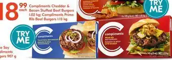 Sobeys Compliments cheddar & bacon stuffed beef burgers 102. kg compliments prime rib beef burgers 1.13 kg offer
