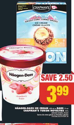 No Frills Häagen-dazs ice cream, 450 ml or bars, 3's or chapman's yukon novelties, 5-8's offer
