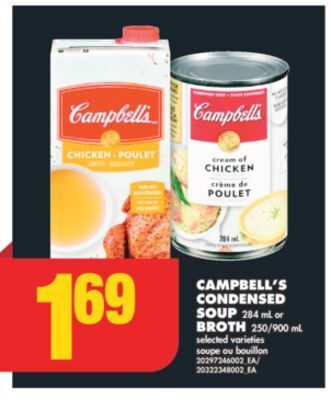 No Frills Campbell's condensed soup 284 ml or broth 250/900 ml offer