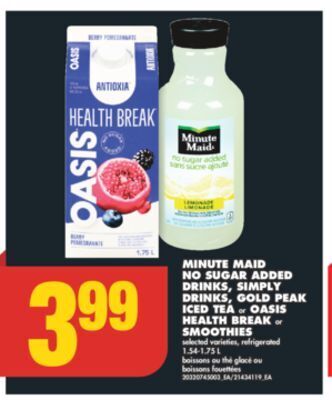 No Frills Minute maid no sugar added drinks, simply drinks, gold peak iced tea or oasis health break or smoothies, 1.54-1.75 l offer