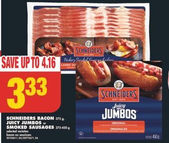 No Frills Schneiders bacon, 375 g, juicy jumbos or smoked sausages, 375-450 g offer