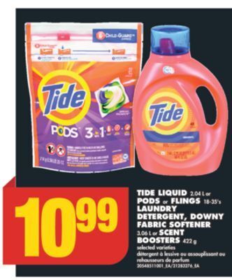 No Frills Tide liquid, 2.04 l or pods or flings, 18-35's laundry detergent, downy fabric softener, 3.06 l or scent boosters, 422 g offer