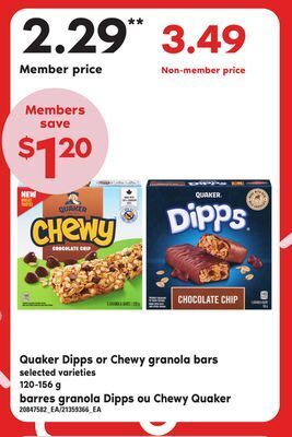 Independent Grocer Quaker dipps or chewy granola bars, 120-156 g offer