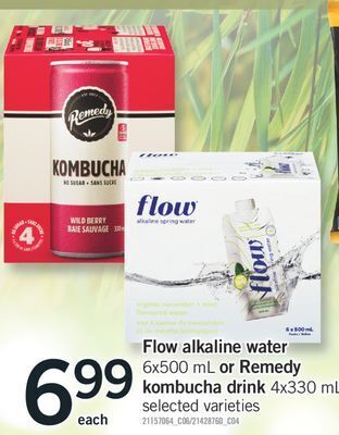 Fortinos Flow alkaline water 6x500 ml or remedy kombucha drink 4x330 ml offer