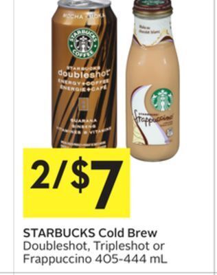 Foodland Starbucks cold brew doubleshot, tripleshot or frappuccino 405-444 ml offer