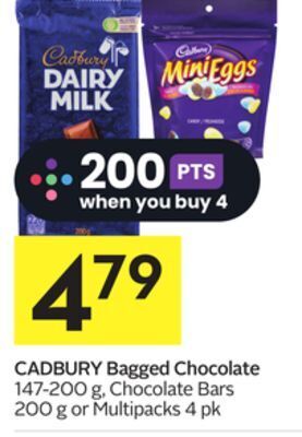 Foodland Cadbury bagged chocolate 147-200 g, chocolate bars 200 g or multipacks 4 pk offer