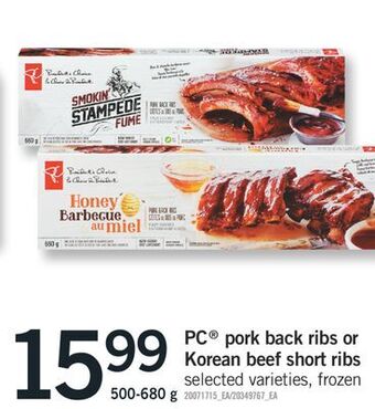 Fortinos Pc® pork back ribs or korean beef short ribs, 500-680 g offer