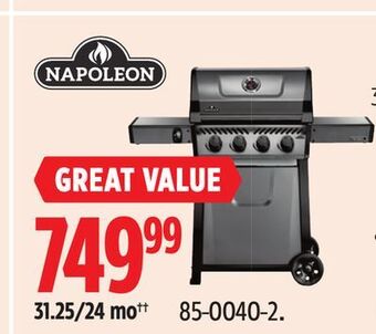 Canadian Tire Napoleon rebel propane gas bbq grill with four burners, graphite grey, folding side shelves, cast iron cooking grids offer