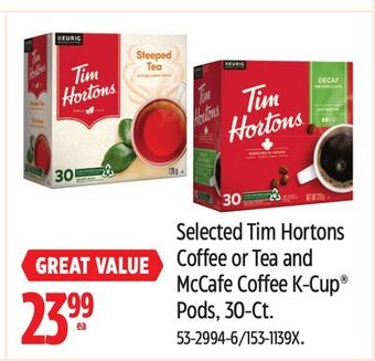 Canadian Tire Selected tim hortons coffee or tea and mccafe coffee k-cup® pods, 30-ct offer