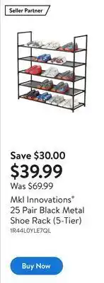 Walmart Mkl innovations® 25 pair black metal shoe rack (5-tier) offer