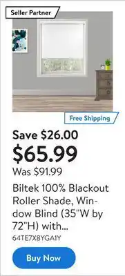 Walmart Biltek 100% blackout roller shade, window blind (35w by 72h) with thermal insulated, uv protection fabric. total blackout rol offer