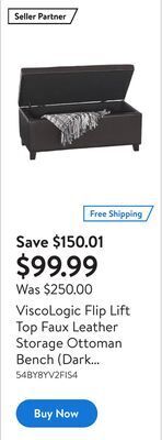Walmart Viscologic flip lift top faux leather storage ottoman bench (dark brown) offer