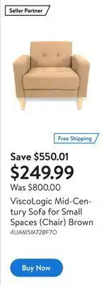 Walmart Viscologic mid-century sofa for small spaces (chair) brown offer