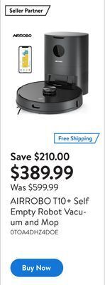 Walmart Airrobo t10+ self empty robot vacuum and mop offer