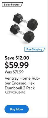 Walmart Ventray home rubber encased hex dumbbell 2 pack offer