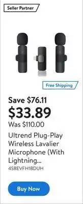 Walmart Ultrend plug-play wireless lavalier microphone (with lightning connector for iphone / ipad) 2 mics offer