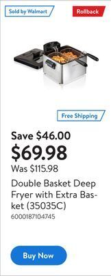 Walmart Double basket deep fryer with extra basket (35035c) offer