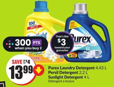 FreshCo Purex laundry detergent 4.43 l persil detergent 2.2 l sunlight detergent 4 l offer
