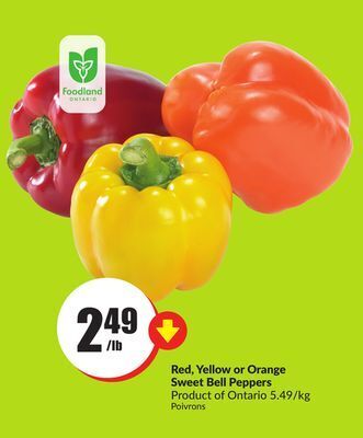 Chalo FreshCo Red, yellow or orange sweet bell peppers product of ontario 5.49/kg offer