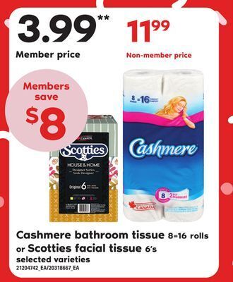 Zehrs Markets Cashmere bathroom tissue, 8=16 rolls or scotties facial tissue, 6's offer