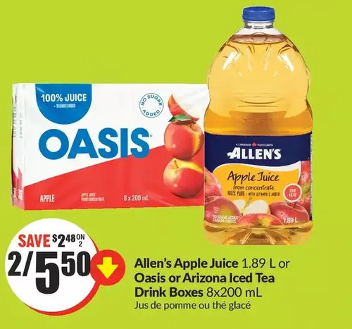 FreshCo Allen's apple juice or oasis or arizona iced tea drink boxes offer