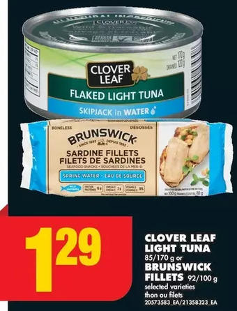 No Frills Clover leaf light tuna or brunswick fillets offer