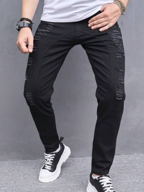 SheIn Men solid ripped frayed skinny jeans offer