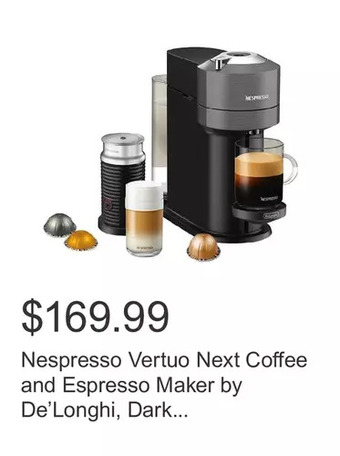 Costco Nespresso vertuo next coffee and espresso maker by de’longhi, dark gray with aeroccino milk frother offer