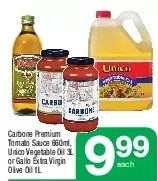 Highland Farms Carbone premium tomato sauce, unico vegetable oil or gallo extra virgin olive oil offer