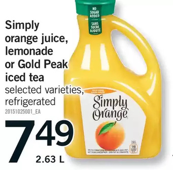 Fortinos Simply orange juice, lemonade or gold peak iced tea offer