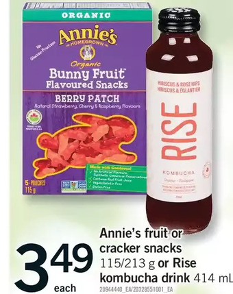 Fortinos Annie's fruit or cracker snacks or rise kombucha drink offer