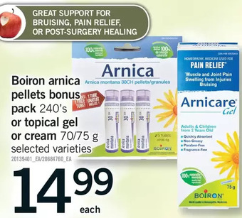Fortinos Boiron arnica pellets bonus pack or topical gel or cream offer