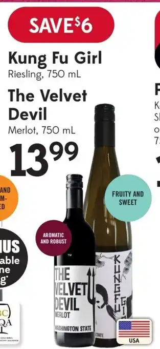 Sobeys Kung Fu Girl Riesling, 750 mL The Velvet Devil Merlot, 750 mL offer
