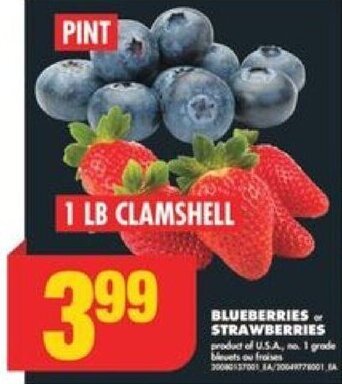 No Frills Blueberries or strawberries 1 LB CLAMSHELL offer