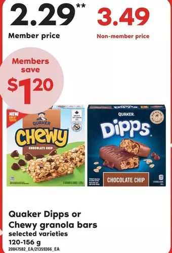 Loblaws Quaker dipps or chewy granola bars offer