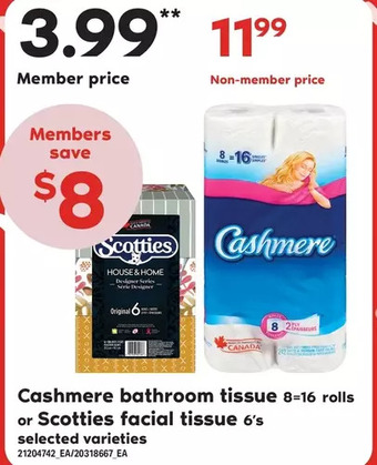 Loblaws Cashmere bathroom tissue or scotties facial tissue offer