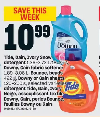 Valu-mart Tide, gain, ivory snow detergent, downy, gain fabric softener, bounce, beads, downy or gain sheets offer