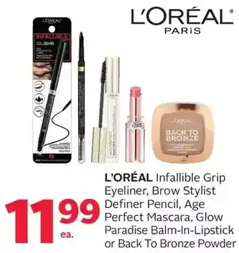 Rexall L'oréal infallible grip eyeliner, brow stylist definer pencil, age perfect mascara, glow paradis balm-in-lipstick or back to offer