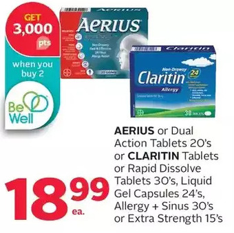 Rexall Aerius or dual action tablets or claritin tablets or rapid dissolve tablets, liquid gel capsules, allergy + sinus or extra st offer
