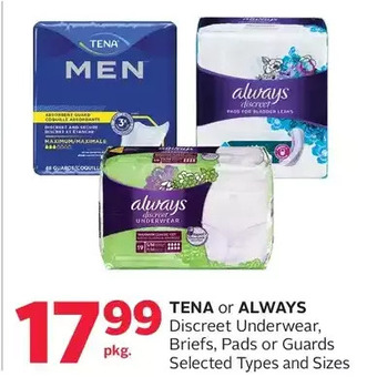 Rexall Tena or always discreet underwear, briefs pads or guards offer