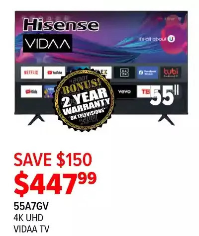 2001 Audio Video Hisense 55 4k uhd vidaa tv offer