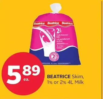 Rexall Beatrice skim, 1% or 2% 4l milk offer