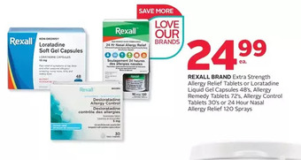 Rexall Rexall brand extra strength allergy relief tablets or loratadine liquid gel capsules, allergy remedy tablets, allergy control offer