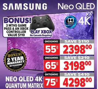 2001 Audio Video Samsung neo qled 4k quantum matrix tv. 55 | 65 | 75 | 3 mths game pass & an xbox controller offer