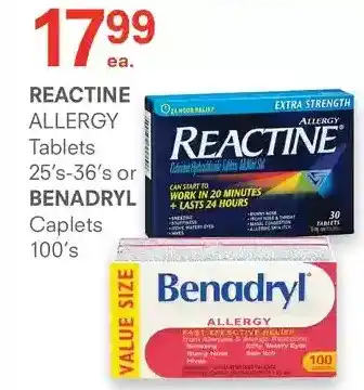 Guardian Pharmacy Reactine allergy tablets or benadryl caplets offer