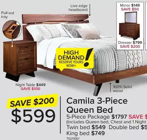 Leon's Camila 3-piece queen bed | 5-piece package | twin bed | double bed | king bed | night table | mirror | dresser offer