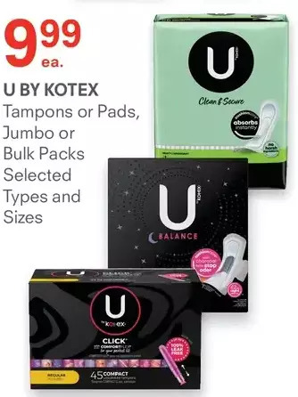 IDA Pharmacy U by kotex tampons or pads, jumbo or bulk packs offer