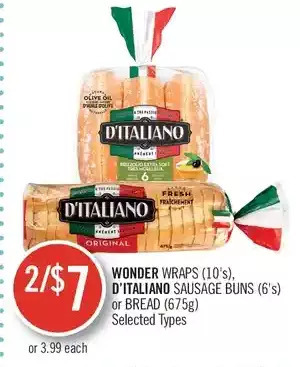 Shoppers Drug Mart Wonder wraps, d'italiano sausage buns or bread offer