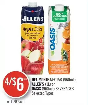 Shoppers Drug Mart Del monte nectar, allen's or oasis beverages offer
