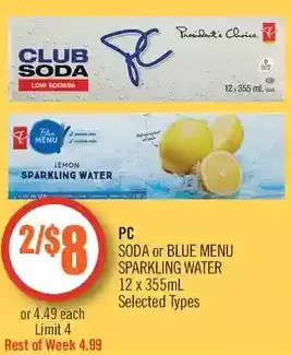 Shoppers Drug Mart Pc soda or blue menu sparkling water offer